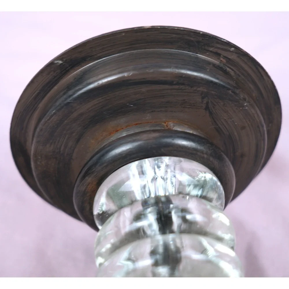 Clear Glass Beads & Dark Metal footed distressed pillar candle holder 12